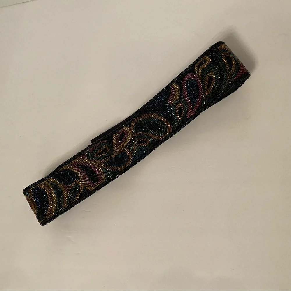 LA REGALE LTD BELT WIDE BLACK SATIN BEADED MULTI COLOR PEACOCK COLOR SIZE M